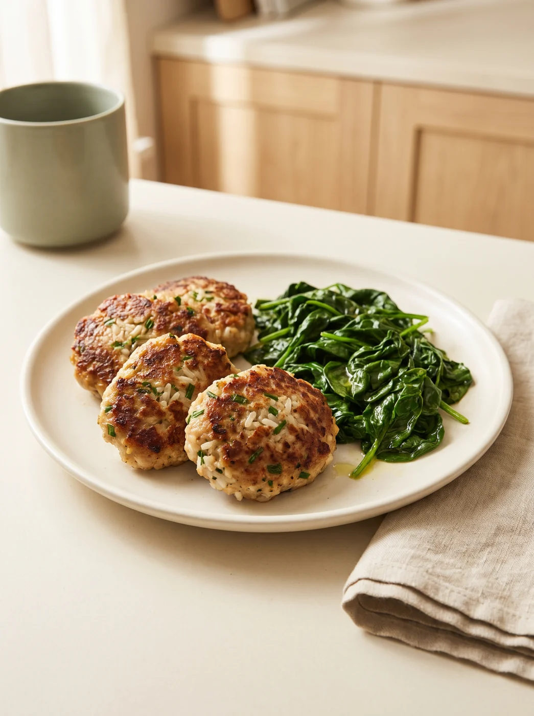 Turkey Rice Patties with Wilted Spinach